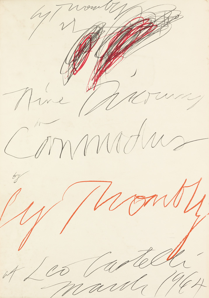 CY TWOMBLY (1928-2011). NINE DISCOURSES ON COMMODUS / BY CY TWOMBLY / AT LEO CASTELLI. 1964. 27x19 inches, 70x48 cm.